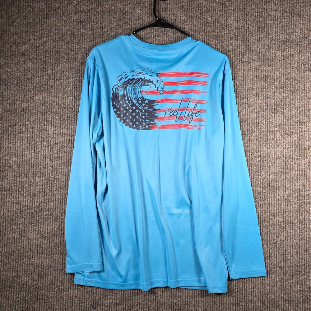 Reel Life Performance Shirt Mens L Blue Fishing USA Flag Wave LS